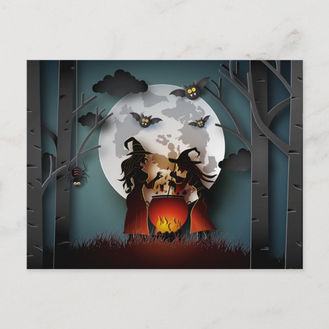 Cartão Postal Bruxas Cortadas de Papéis na Floresta (Frente)