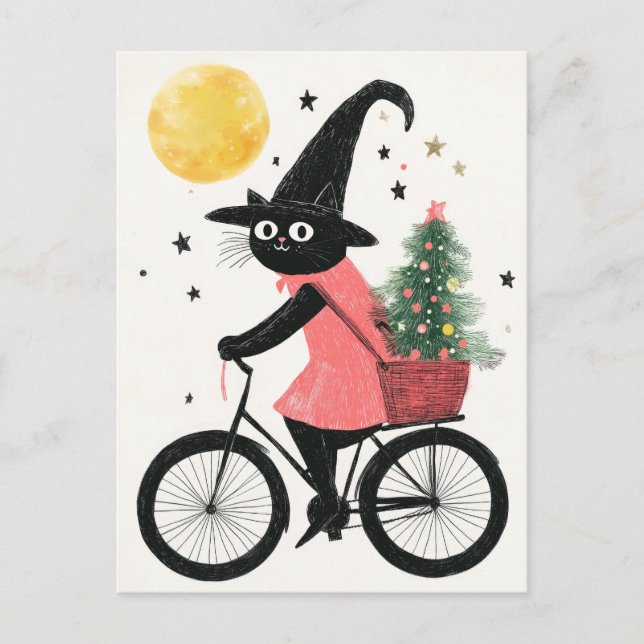 Cartão Postal Bruxas de Cat Ciclismo com Árvore de Natal Quirky  (Frente)