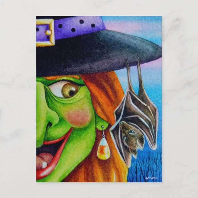 Cartão Postal Bruxas de Halloween e Bat Watercolor Art (Frente)