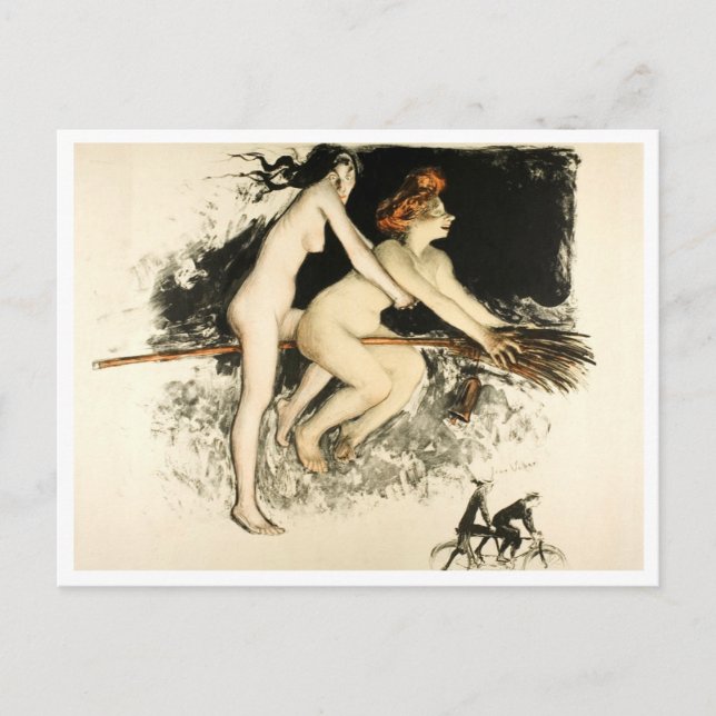 Cartão Postal Bruxas, Jean Veber, Halloween, Homem e Mulher (Frente)