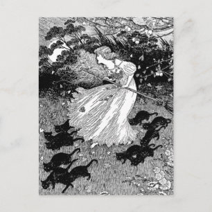 Cartão Postal Bruxas jovens e gatos pretos