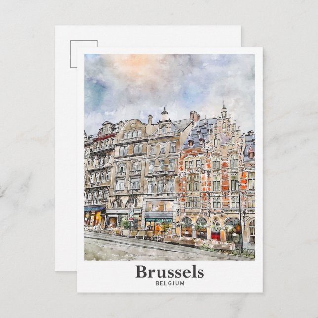 Cartão Postal Bruxelas Bélgica Art Viagem Watercolor (Frente/Verso)