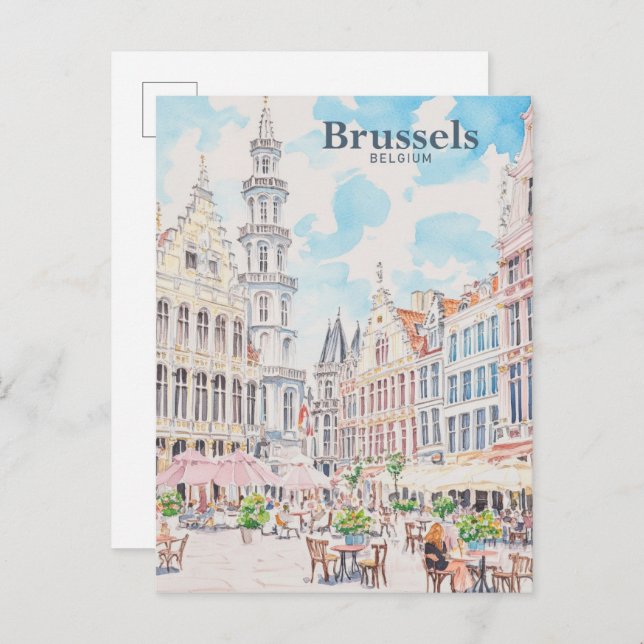 Cartão Postal Bruxelas Bélgica Gouache Paint Viagem (Frente/Verso)