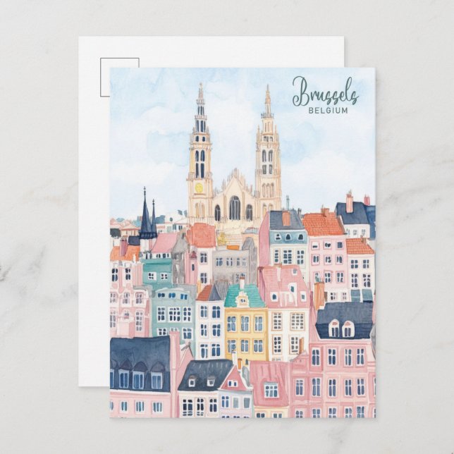 Cartão Postal Bruxelas Bélgica Gouache Paint Viagem (Frente/Verso)