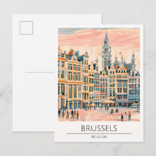 Cartão Postal Bruxelas Bélgica Ilustração de Arte Vintage Viagem