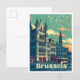 Cartão Postal Bruxelas Bélgica Ilustração de Viagem Vintage