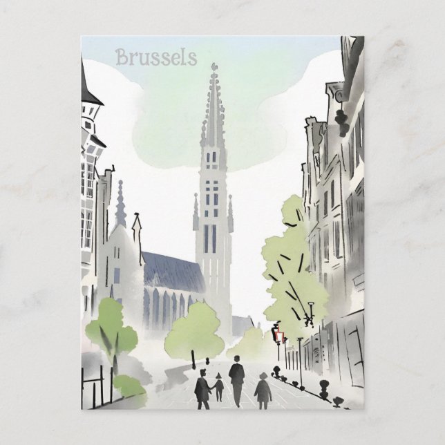 Cartão Postal Bruxelas, Bélgica, pintura a cores da água (Frente)