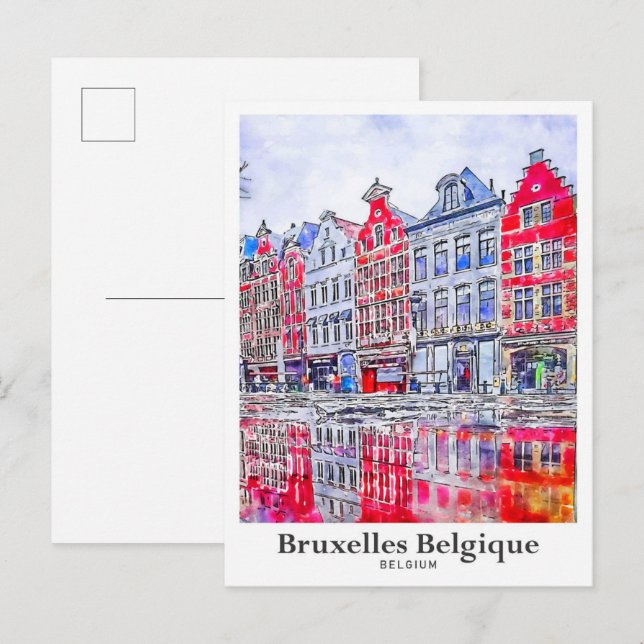 Cartão Postal Bruxelas Bélgica Viagem Watercolor (Frente/Verso)