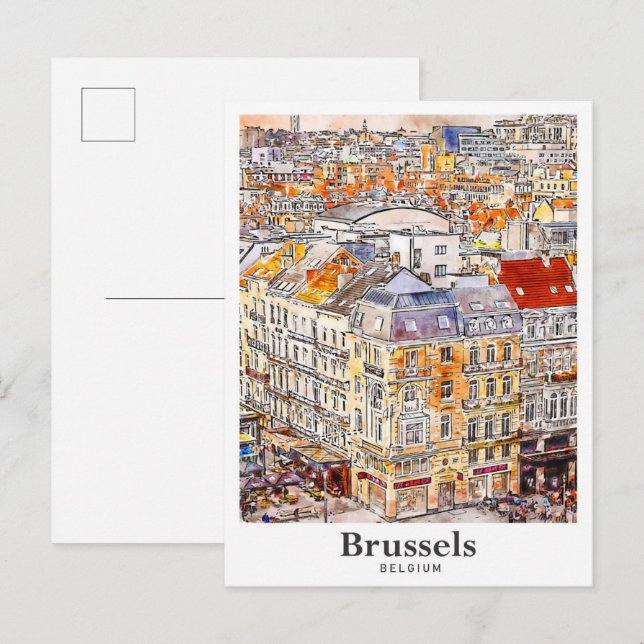 Cartão Postal Bruxelas Bélgica Viagem Watercolor (Frente/Verso)