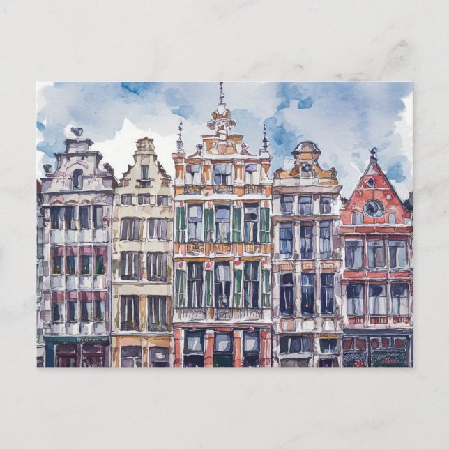 Cartão Postal Bruxelas Bélgica Watercolor (Frente)