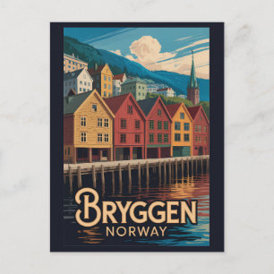 Cartão Postal Bryggen Noruega Ilustração Arte Viagem Bergen