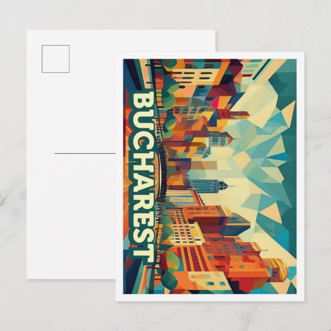 Cartão Postal Bucareste Romênia viagem artística colorida (Frente/Verso)