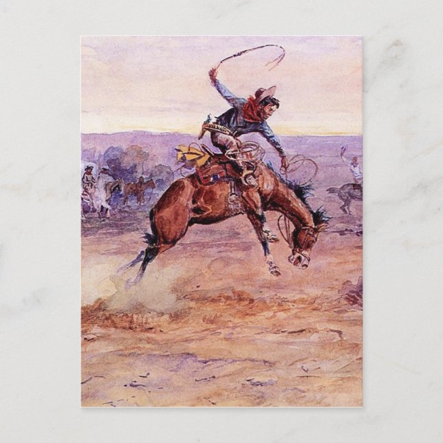 Cartão Postal "Bucking Bronco" - Arte do Cowboy de Charles Russe (Frente)