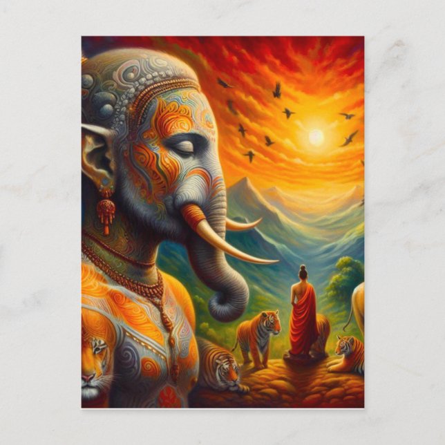 Cartão Postal buda espiritual e elefante (Frente)