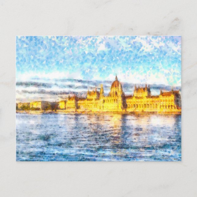 Cartão Postal Budapest Danúbio Sunset Watercolor (Frente)