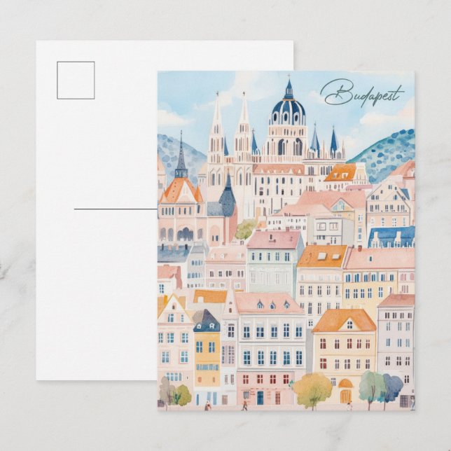 Cartão Postal Budapest Hungary Gouache Paint Viagem (Frente/Verso)
