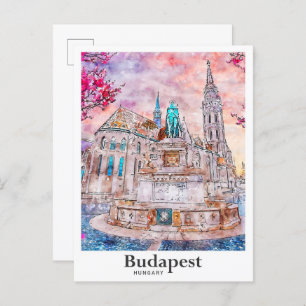 Cartão Postal Budapest Hungary Viagem Watercolor Hand Drawn