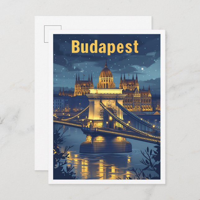 Cartão Postal Budapest Hungary Vintage Art Viagem Illustration (Frente/Verso)