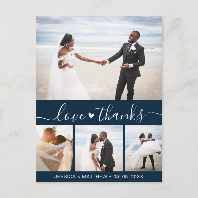 Cartão Postal Budget Navy Script Pic Wedding Thank You Postcard (Frente)