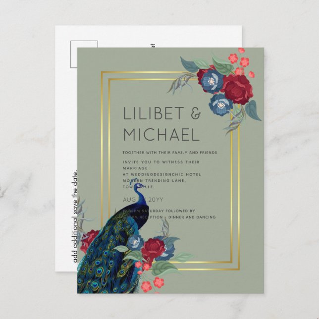 Cartão Postal BUDGET Peacock Blue Burgundy Casamento outono (Frente/Verso)