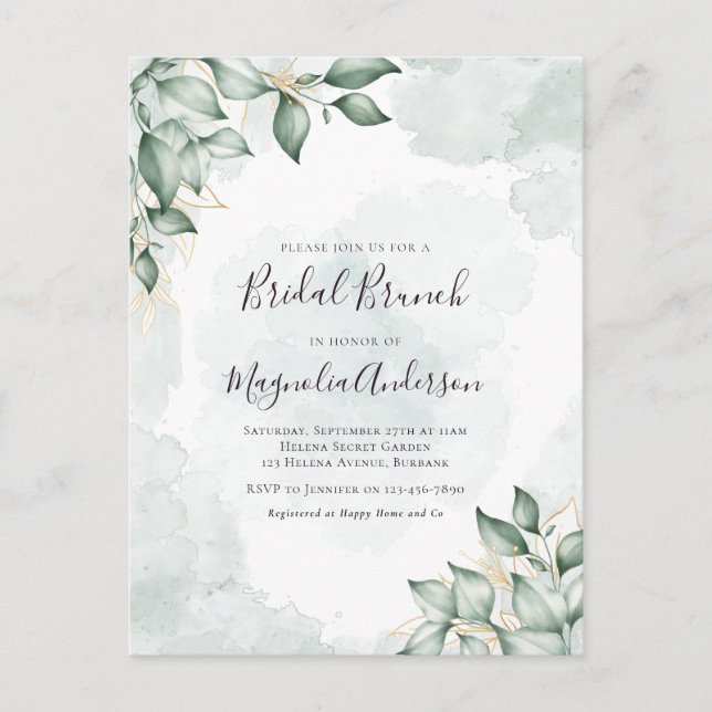 Cartão Postal BUDGET Watercolor Eucalyptus Bridal Brunch (Frente)