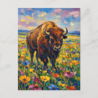 Cartão Postal Búfalo no campo de flores silvestres pintura de ar