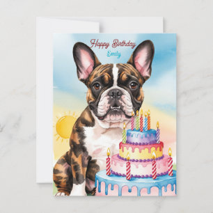 Cartão Postal Buldogue francês com bolo de aniversário