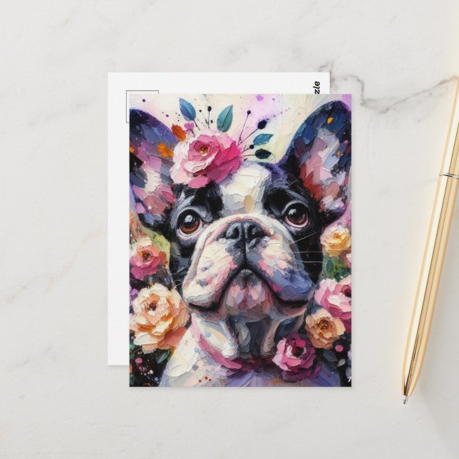 Cartão Postal Buldogue francês com pintura impressionista Rosa (Frente/Verso In Situ)