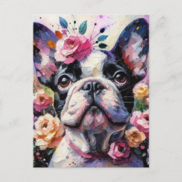 Cartão Postal Buldogue francês com pintura impressionista Rosa