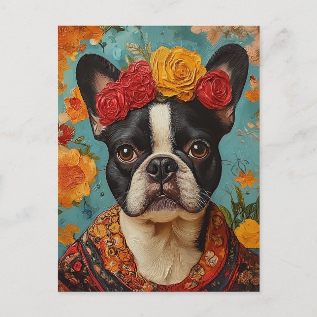 Cartão Postal Buldogue francês como Frida Kahlo (Frente)