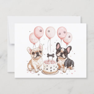 Cartão Postal Buldogues Franceses de Aniversário Bolo de Anivers