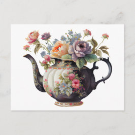 Cartão Postal Bule de Chá em Aquarela Bonito, Flores, Xícaras de