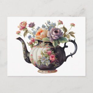 Cartão Postal Bule de Chá em Aquarela Bonito, Flores, Xícaras de