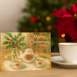 Cartão Postal Bule de chá Poinsettia Vermelho de Natal