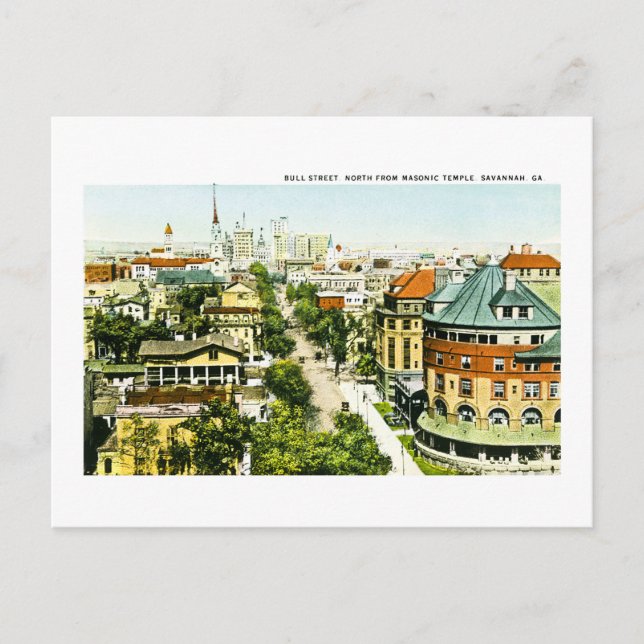 Cartão Postal Bull Street North do Templo Masônico, Savannah, GA (Frente)