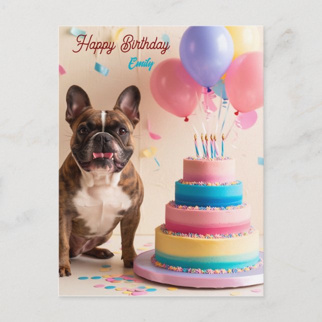 Cartão Postal Bulldog Francês com bolo de aniversário (Frente)
