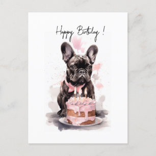 Cartão Postal Bulldog Francês com bolo de aniversário