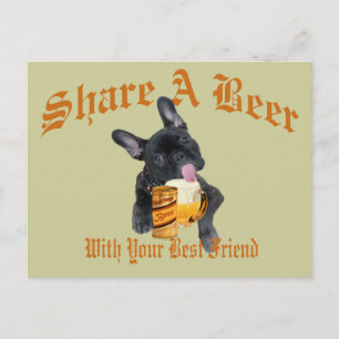 Cartão Postal Bulldog Francês Compartilha Cerveja