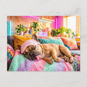 Cartão Postal Bulldog Francês Dormindo com Máscara de Olho