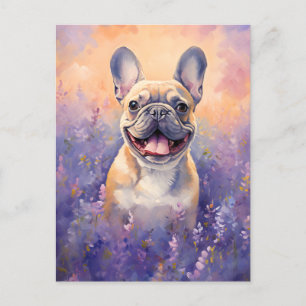 Cartão Postal Bulldog Francês em campo de Lavanda