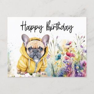 Cartão Postal Bulldog Francês no Campo de Flores Aniversário