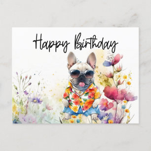 Cartão Postal Bulldog Francês no Campo de Flores de Aniversário