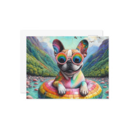 Cartão Postal Bulldog Francês num Flutuante Colorido Arco-íris