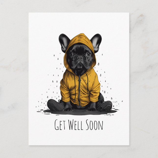 Cartão Postal Bulldog Francês Se Recuperando com Capuz de Chuva (Frente)