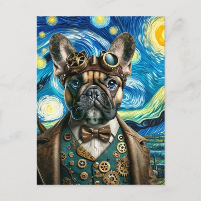 Cartão Postal Bulldog Francês Steampunk na Noite Estrelada (Frente)