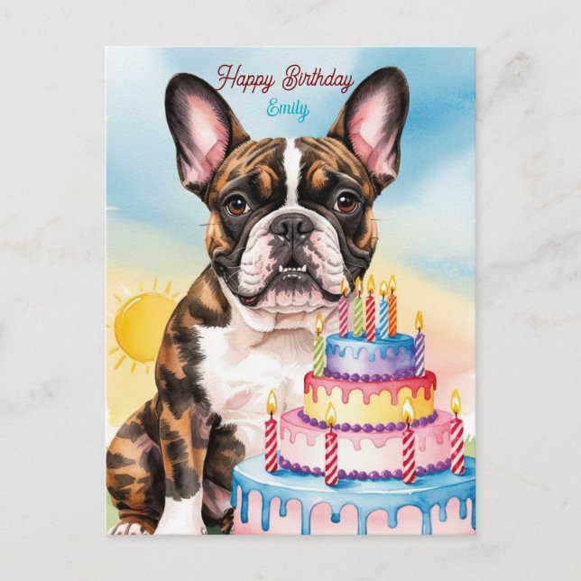 Cartão Postal Bulldogue Francês com bolo de aniversário (Frente)