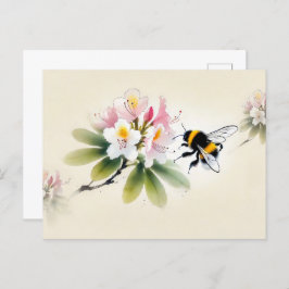 Cartão Postal Bumblebee de tinta chinesa em Rhododendron