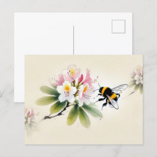 Cartão Postal Bumblebee de tinta chinesa em Rhododendron