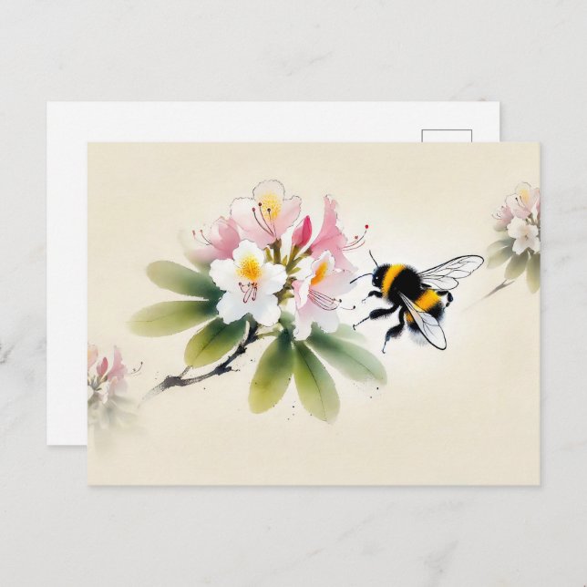 Cartão Postal Bumblebee de tinta chinesa em Rhododendron (Frente/Verso)