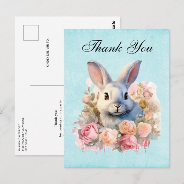 Cartão Postal Bunny with a Garland of Roses Cute Thank You (Frente/Verso)